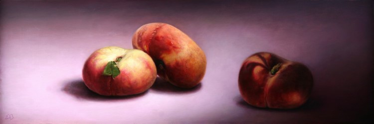 Sweetness<p>Still life with three flat peaches on pink surface</p><p>Acrylic and oil paint on panel</p><p>39 x 12,8 cm</p><p></p>