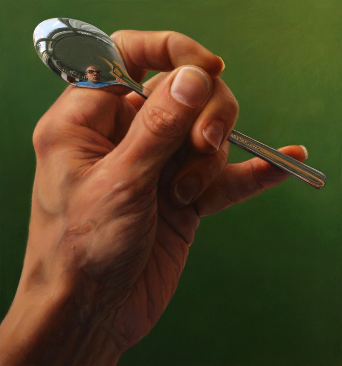 De Opschepper<p>Hand met lepel waarin zelfportret weerspiegeld is</p><p>Olieverf op formica paneel</p><p>16 x 17 cm</p><p>(verkocht)</p>
